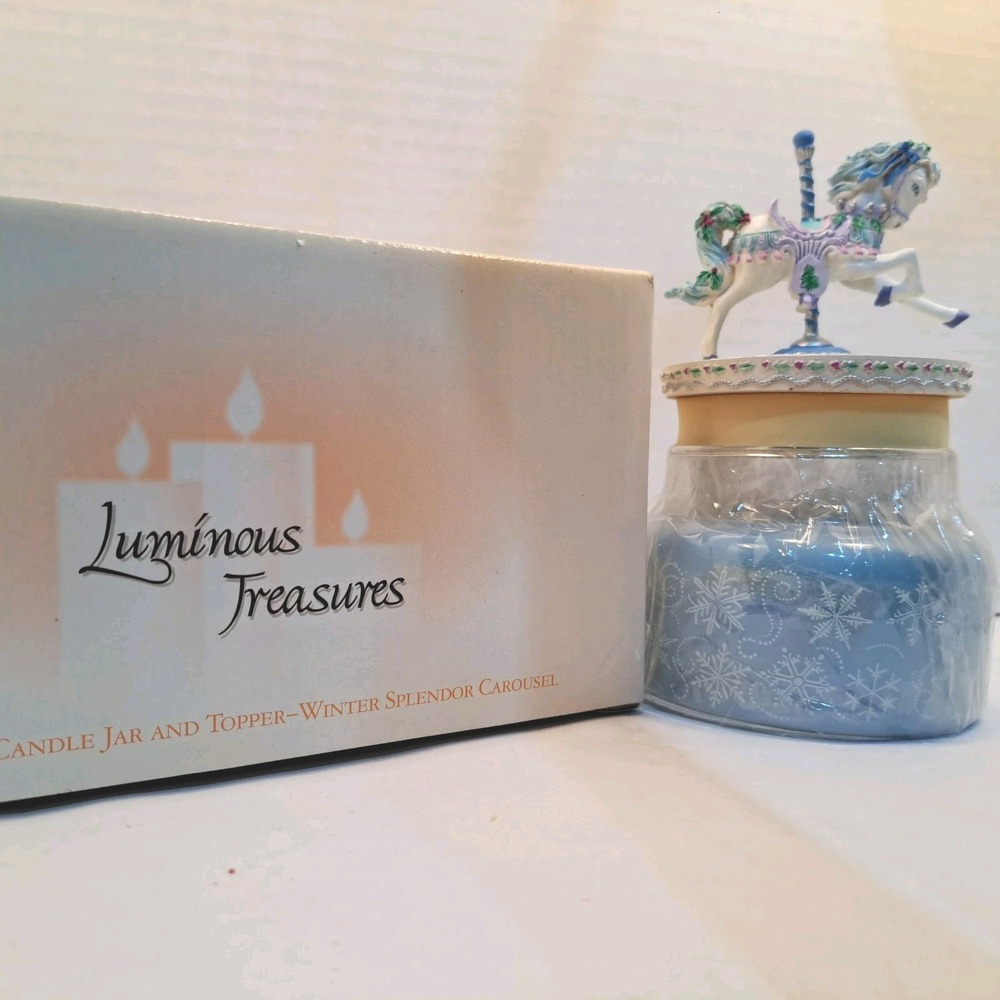 Luminous Treasures Boxed Winter Splendor Carousel Blue/White Candle Jar Topper